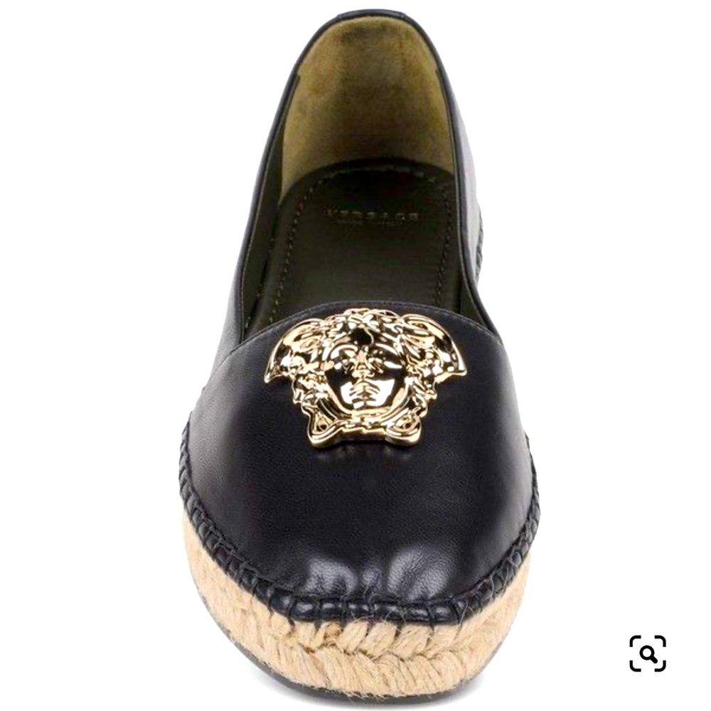 VERSACE PALAZZO LEATHER ESPADRILLES medusa head in gold metal